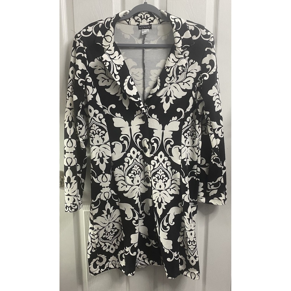 VENUS Womens Black&White Printed Floral‎ Button-up Long Blazer Cardigan Sz. M
